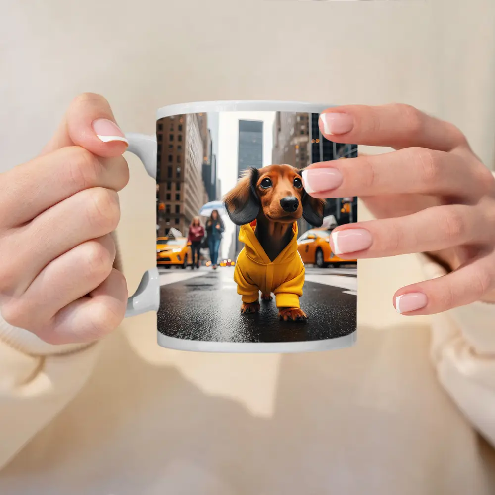 Dachshund Yellow Hoodie New York City Street – Mugs