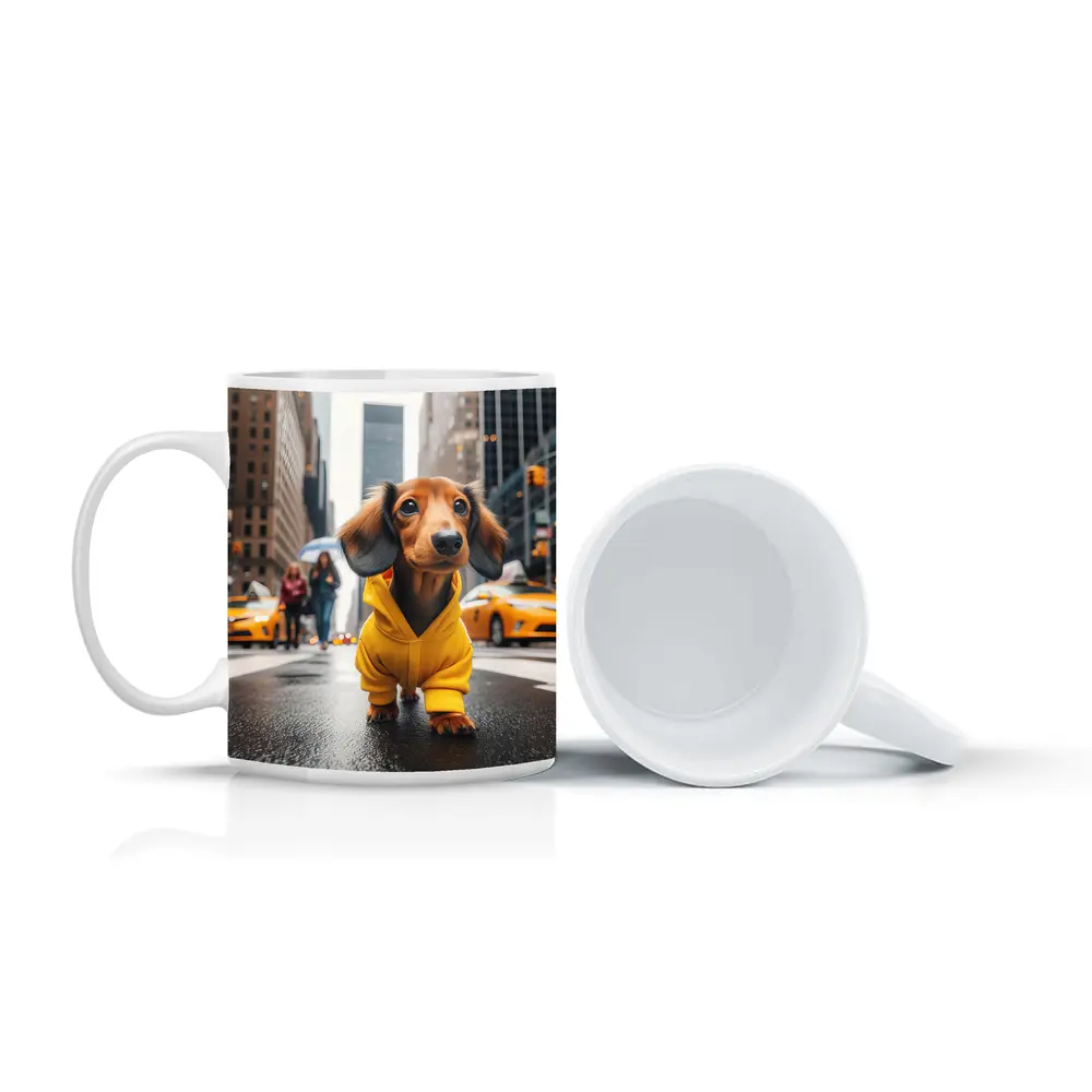 Dachshund Yellow Hoodie New York City Street – Mugs