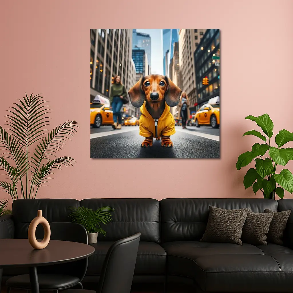 Dachshund Yellow Hoodie New York City Street – Wall Art
