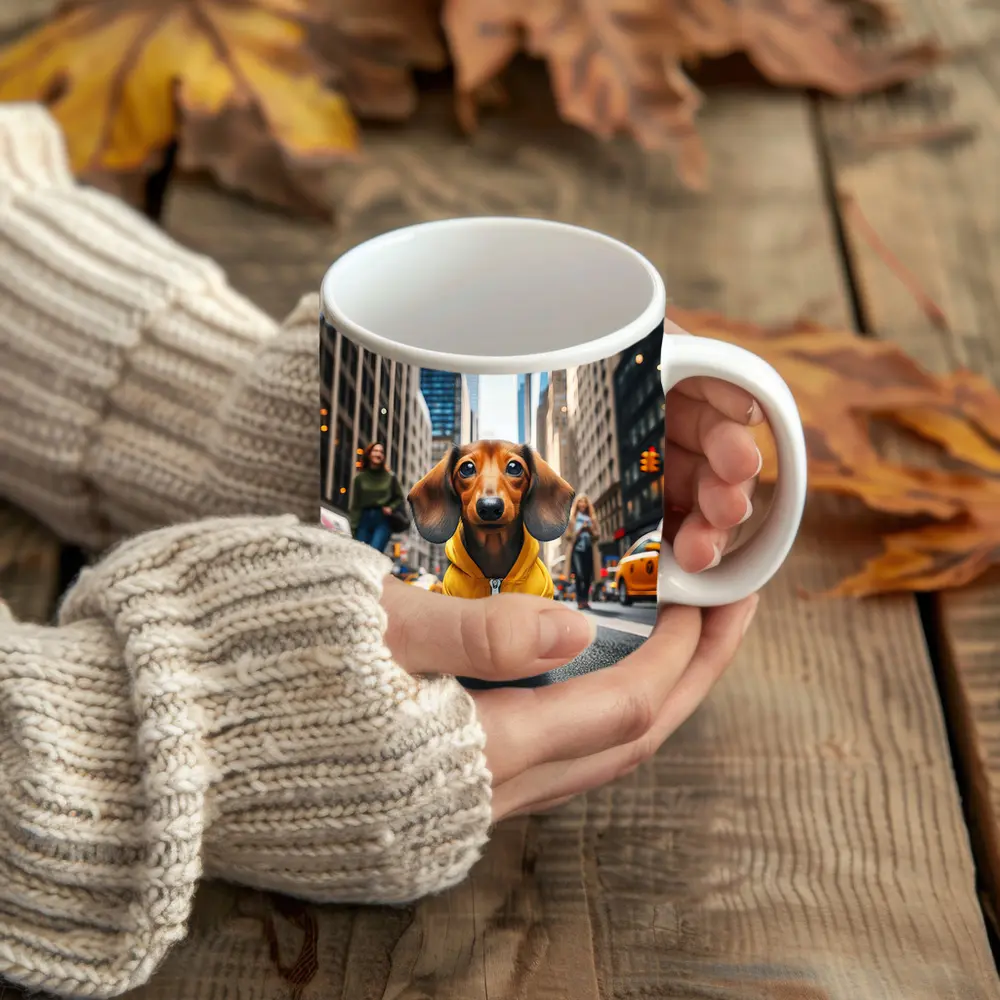 Dachshund Yellow Hoodie New York City Street – Mugs