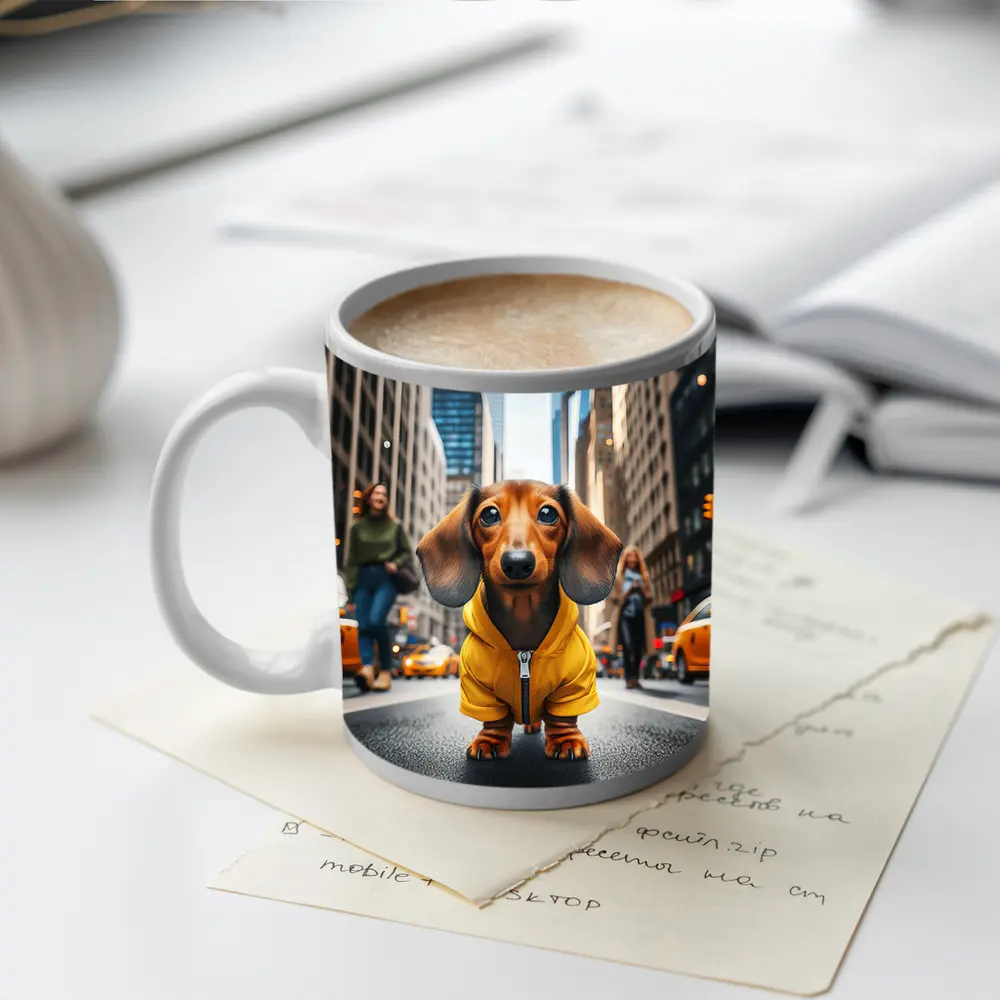 Dachshund Yellow Hoodie New York City Street – Mugs