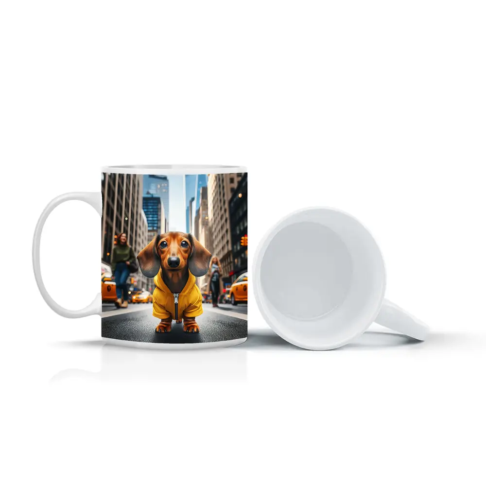 Dachshund Yellow Hoodie New York City Street – Mugs