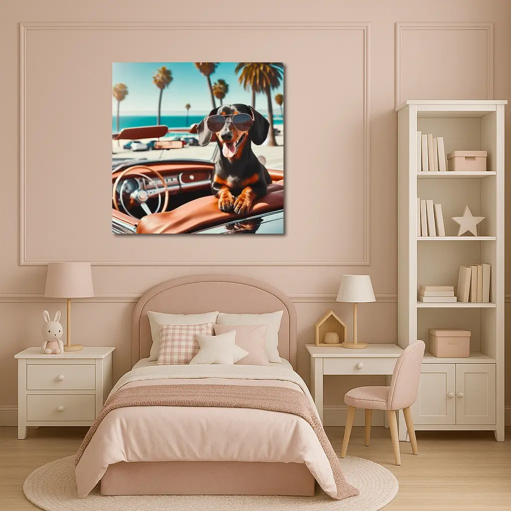 Dachshund Wearing Sunglasses in Convertible Car – Wall Art