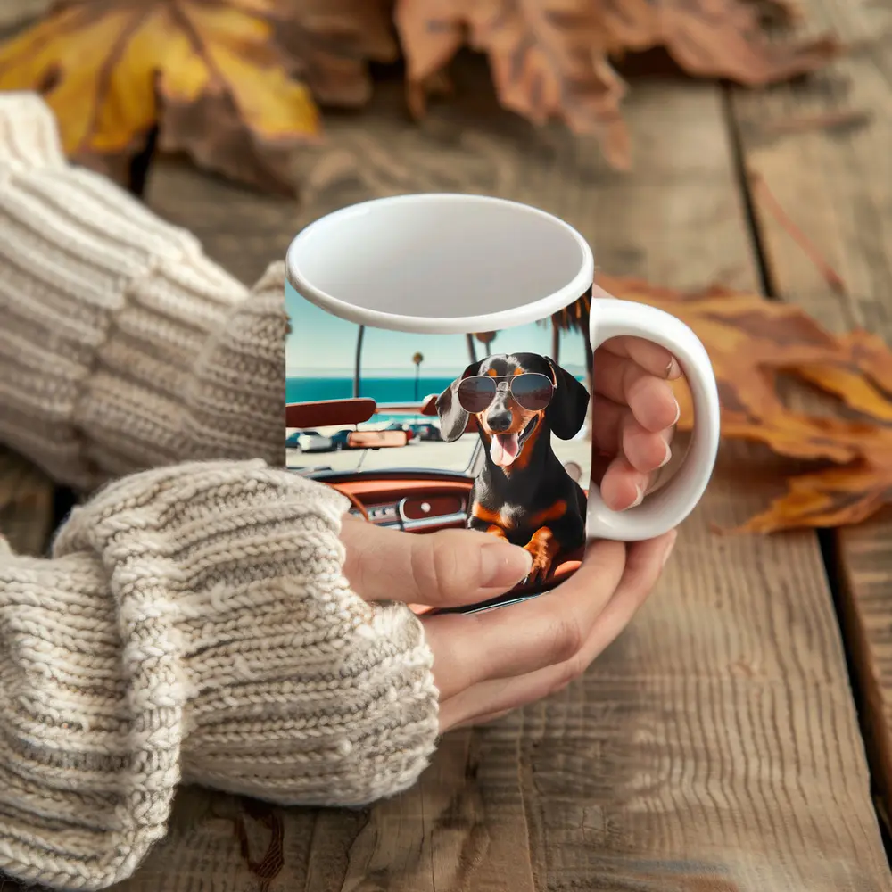 Dachshund Wearing Sunglasses in Convertible Car – Mugs