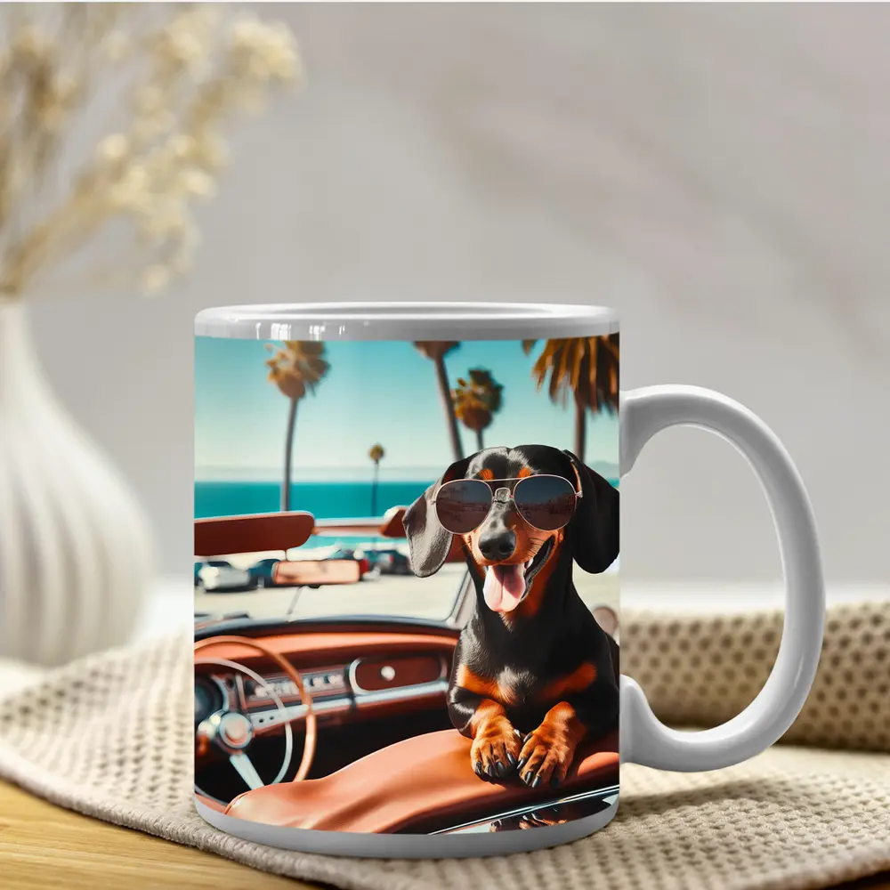 Dachshund Wearing Sunglasses in Convertible Car – Mugs
