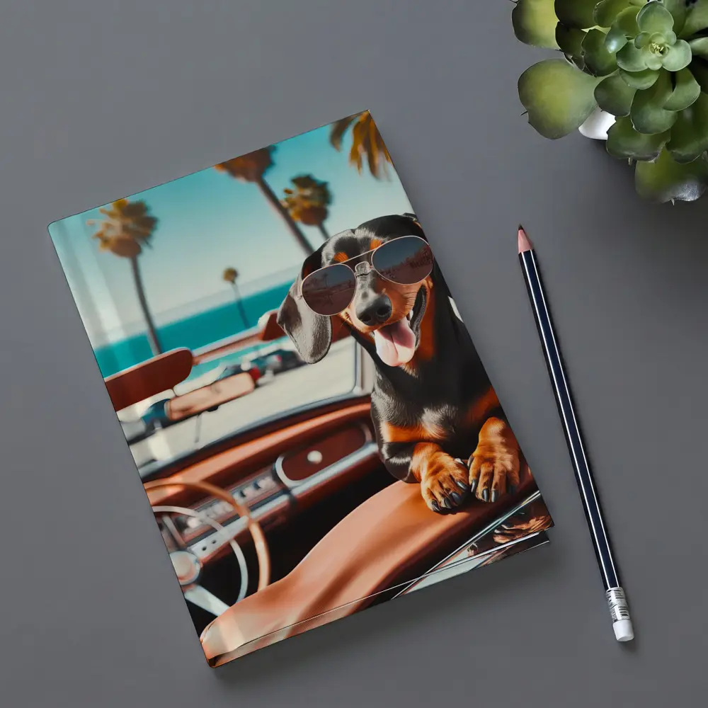 Dachshund Wearing Sunglasses in Convertible Car – Notebooks