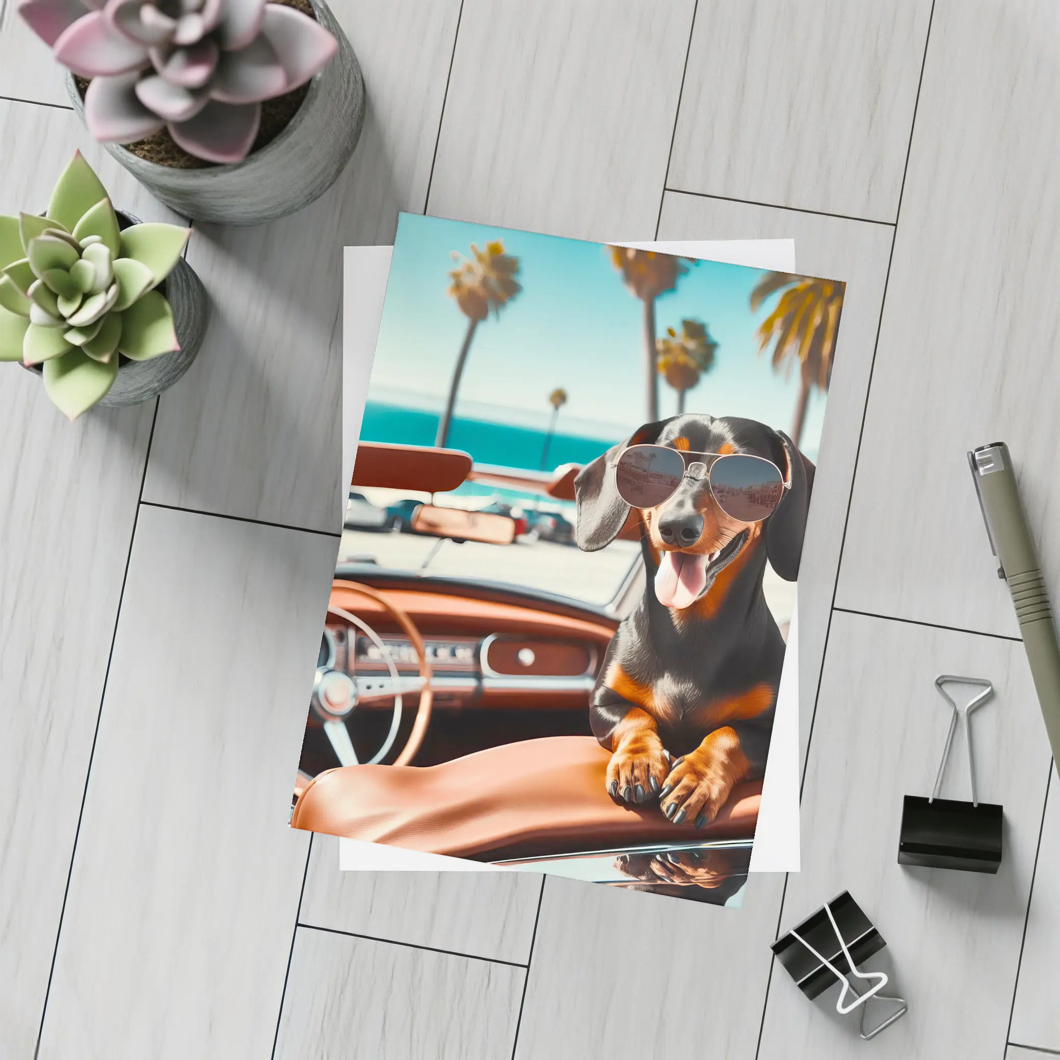 Dachshund Wearing Sunglasses in Convertible Car – Postcards