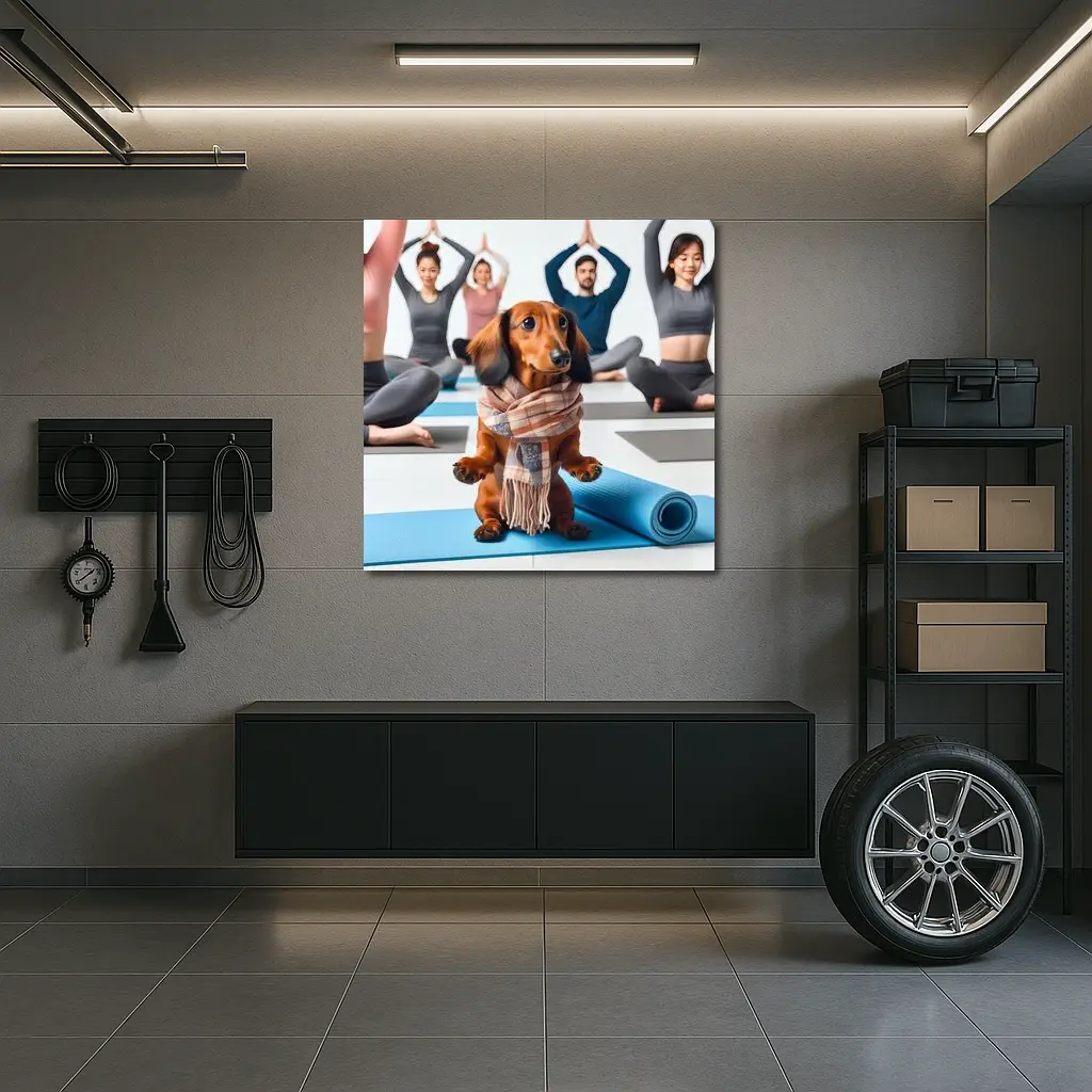 Dachshund Wearing Scarf at Yoga Class – Wall Art