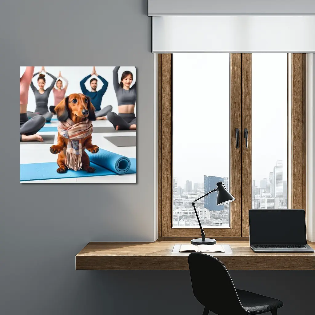 Dachshund Wearing Scarf at Yoga Class – Wall Art