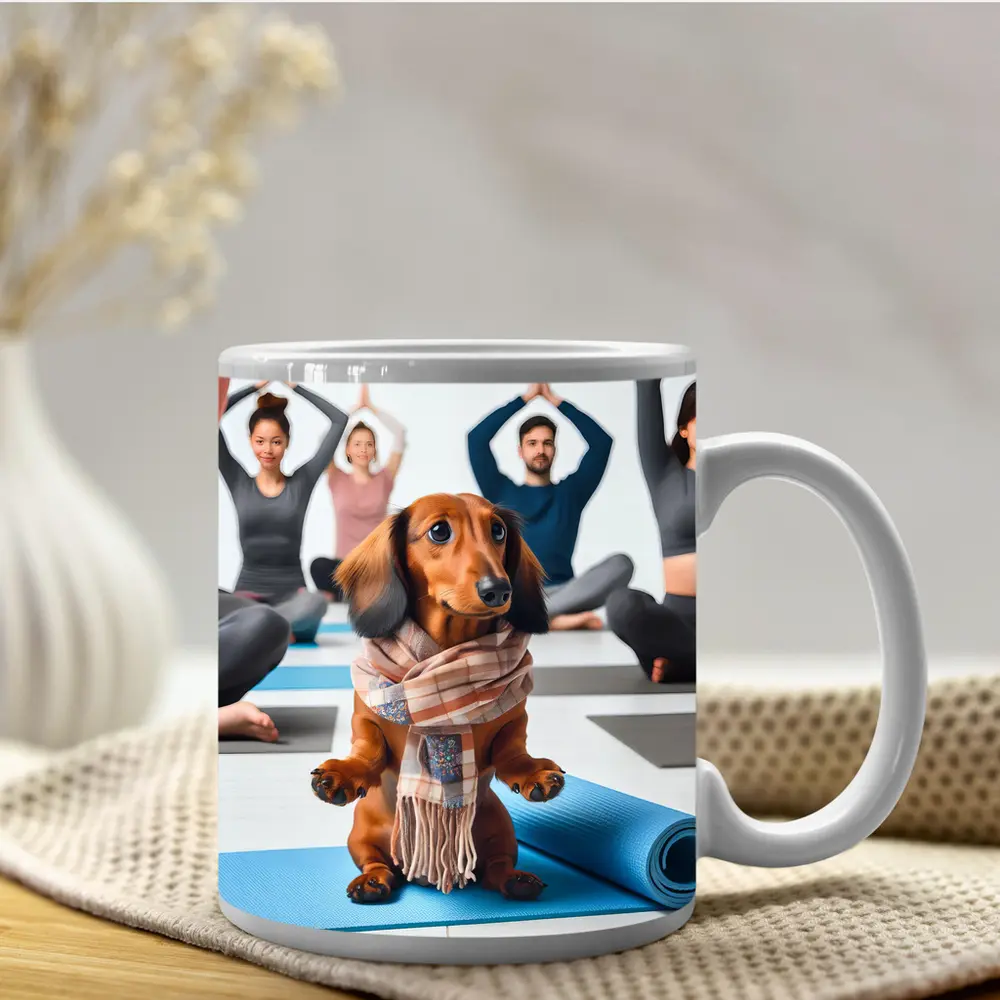 Dachshund Wearing Scarf at Yoga Class – Mugs