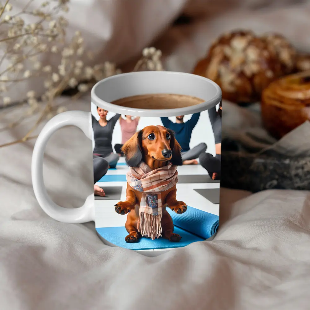 Dachshund Wearing Scarf at Yoga Class – Mugs