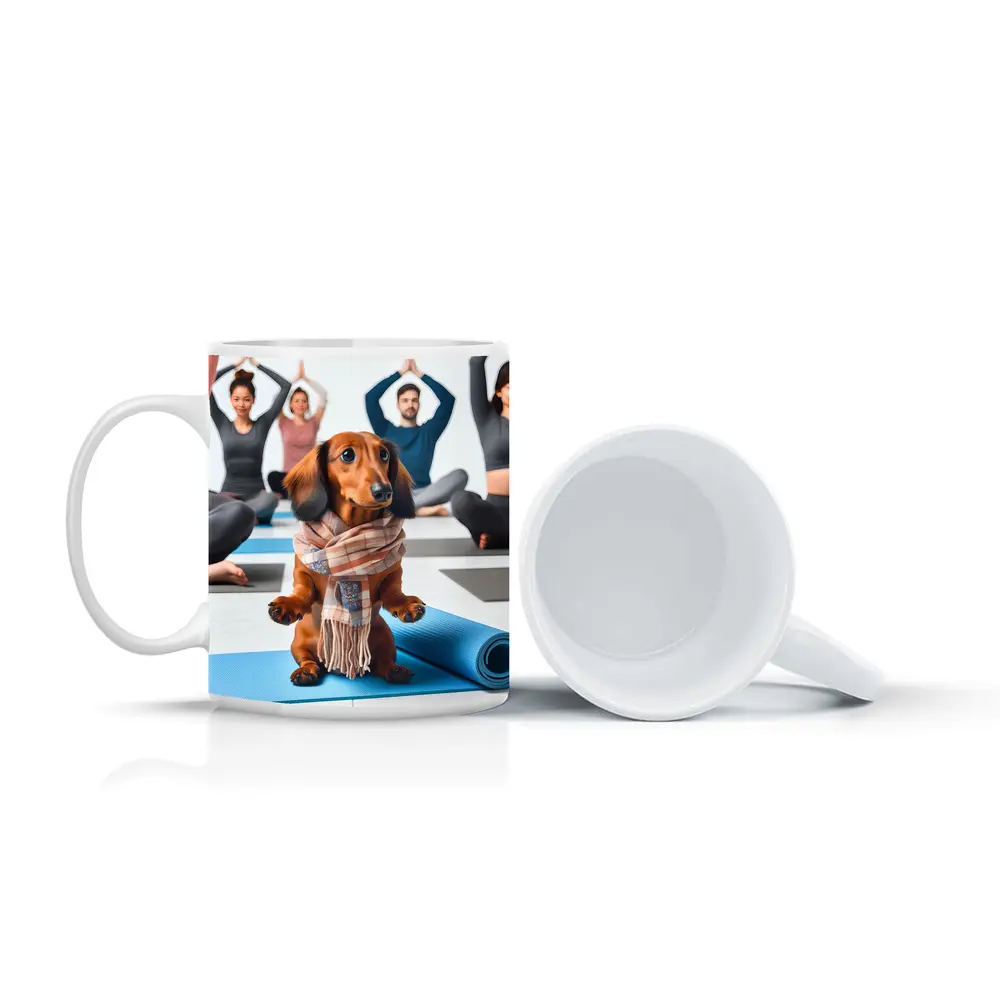 Dachshund Wearing Scarf at Yoga Class – Mugs