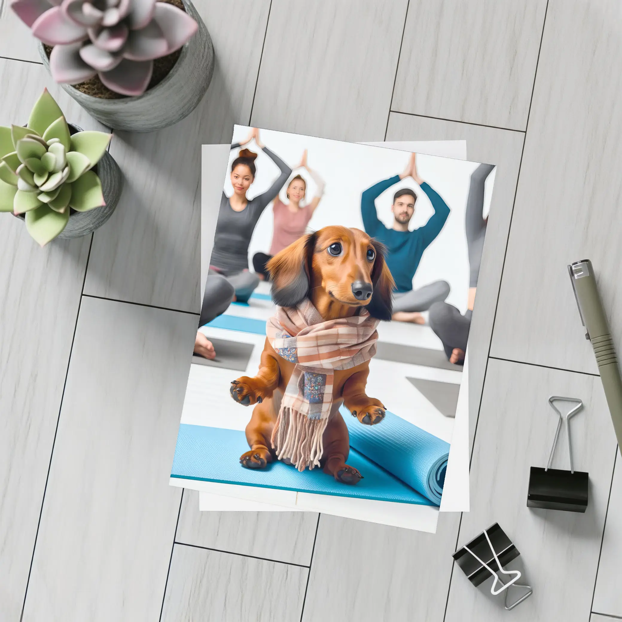 Dachshund Wearing Scarf at Yoga Class – Postcards