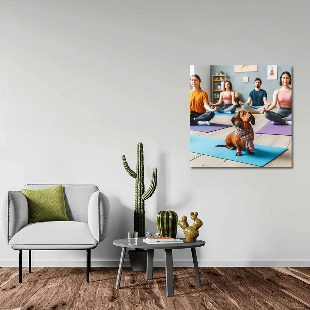 Dachshund Dog Wearing Scarf at Yoga Class – Wall Art