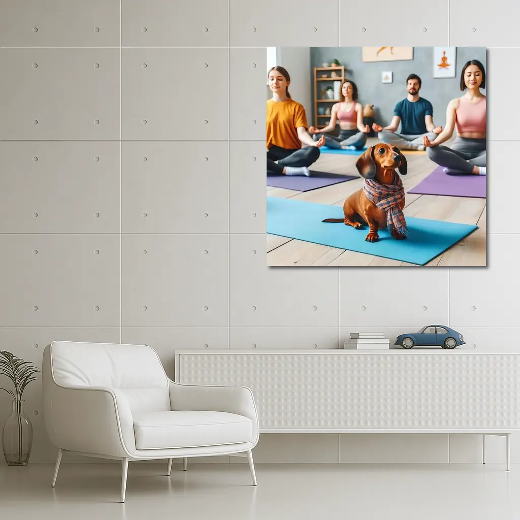 Dachshund Dog Wearing Scarf at Yoga Class – Wall Art