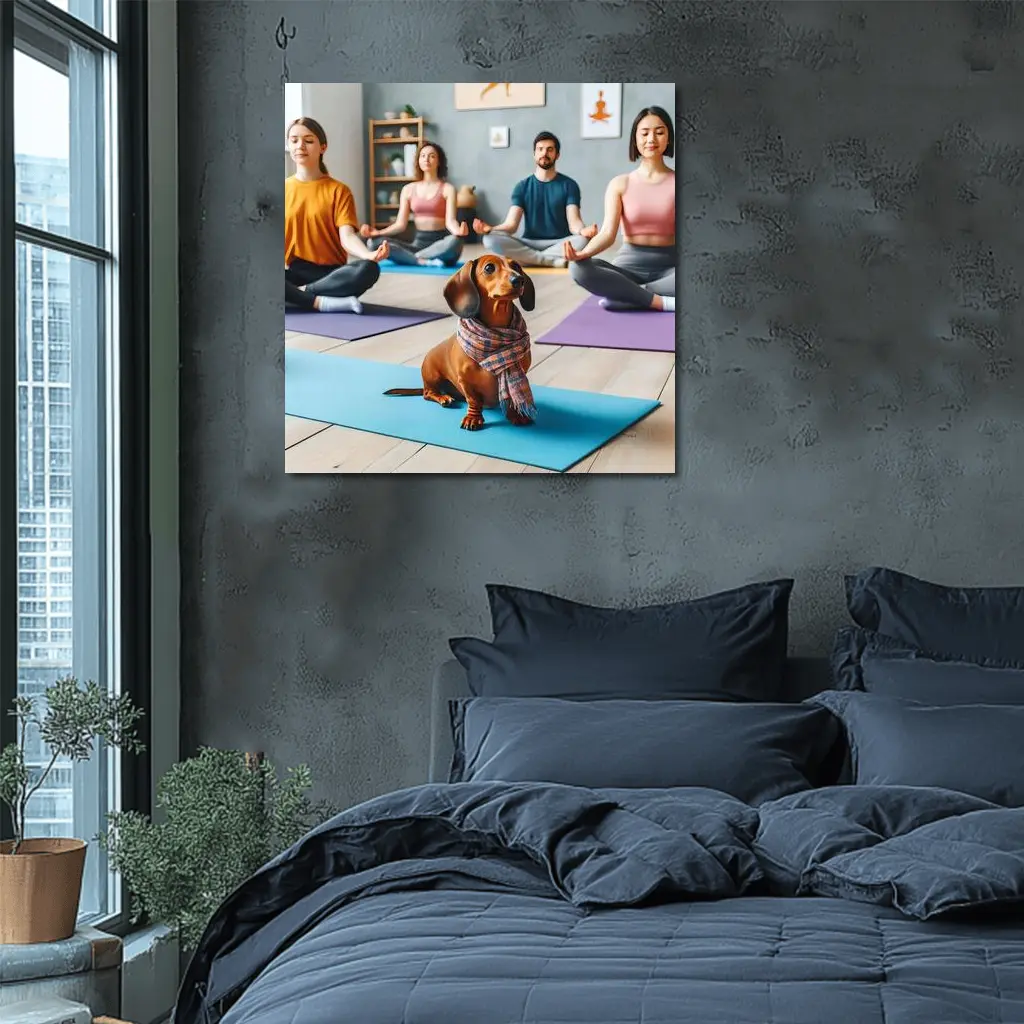 Dachshund Dog Wearing Scarf at Yoga Class – Wall Art
