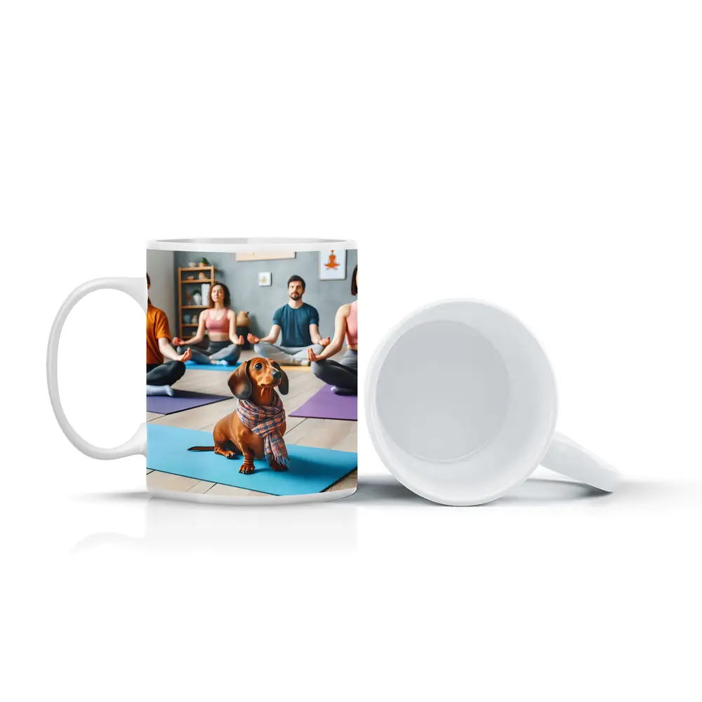 Dachshund Dog Wearing Scarf at Yoga Class – Mugs