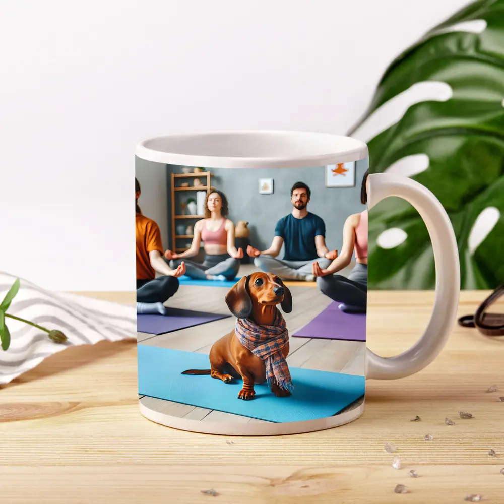 Dachshund Dog Wearing Scarf at Yoga Class – Mugs