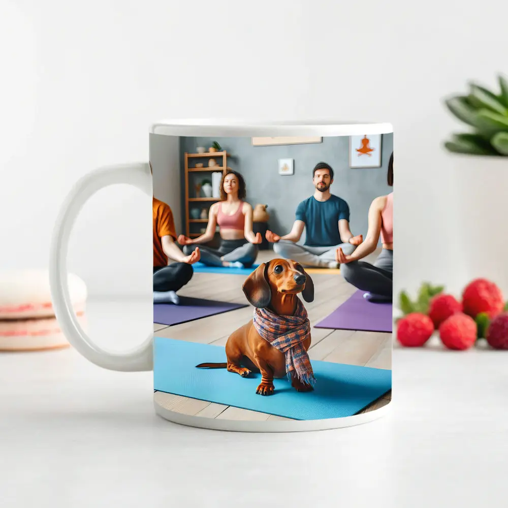 Dachshund Dog Wearing Scarf at Yoga Class – Mugs