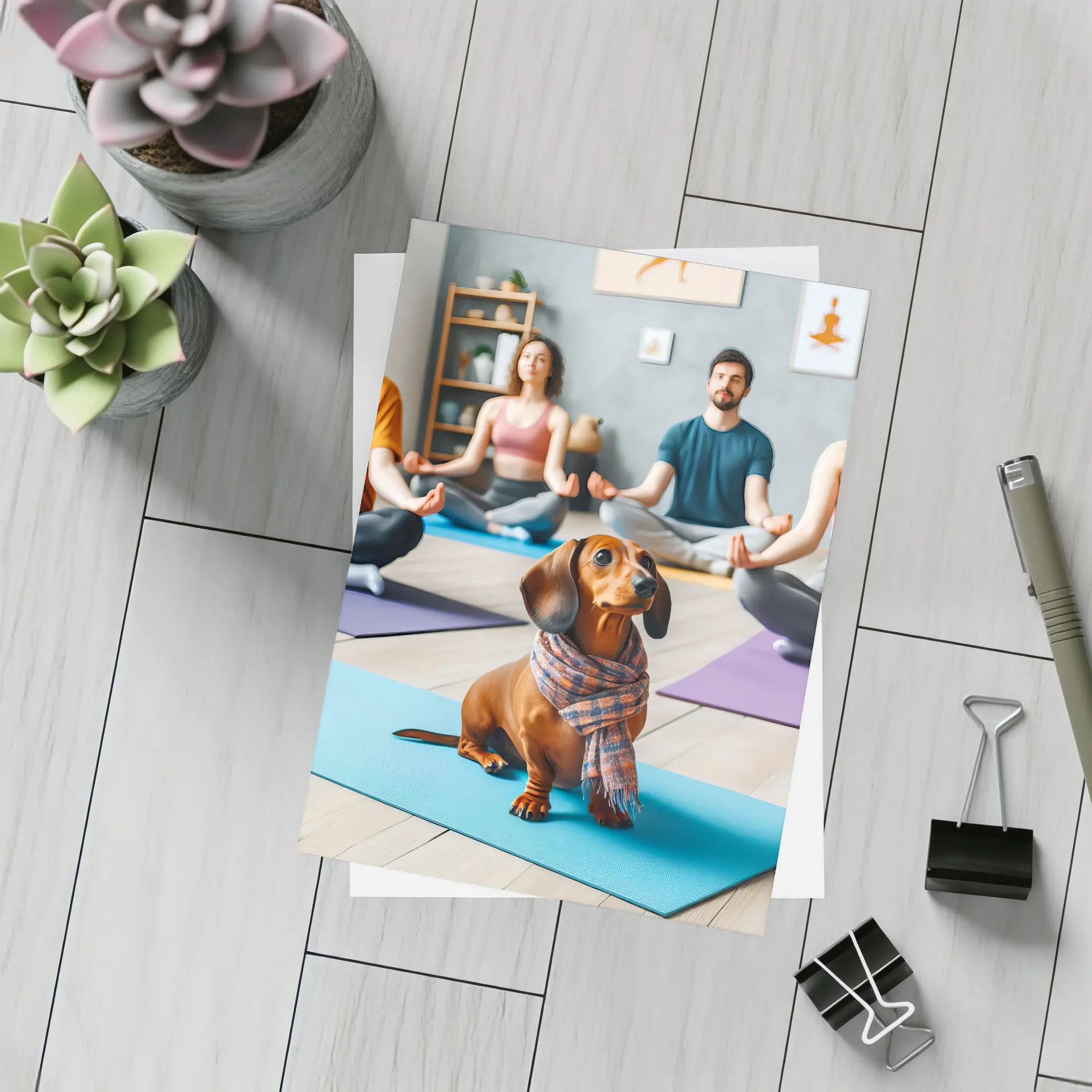 Dachshund Dog Wearing Scarf at Yoga Class – Postcards