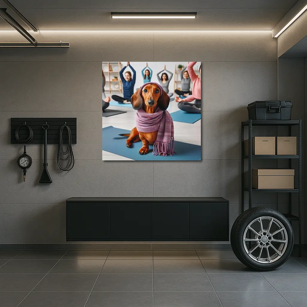 Dachshund Wearing Scarf In Yoga Class – Wall Art