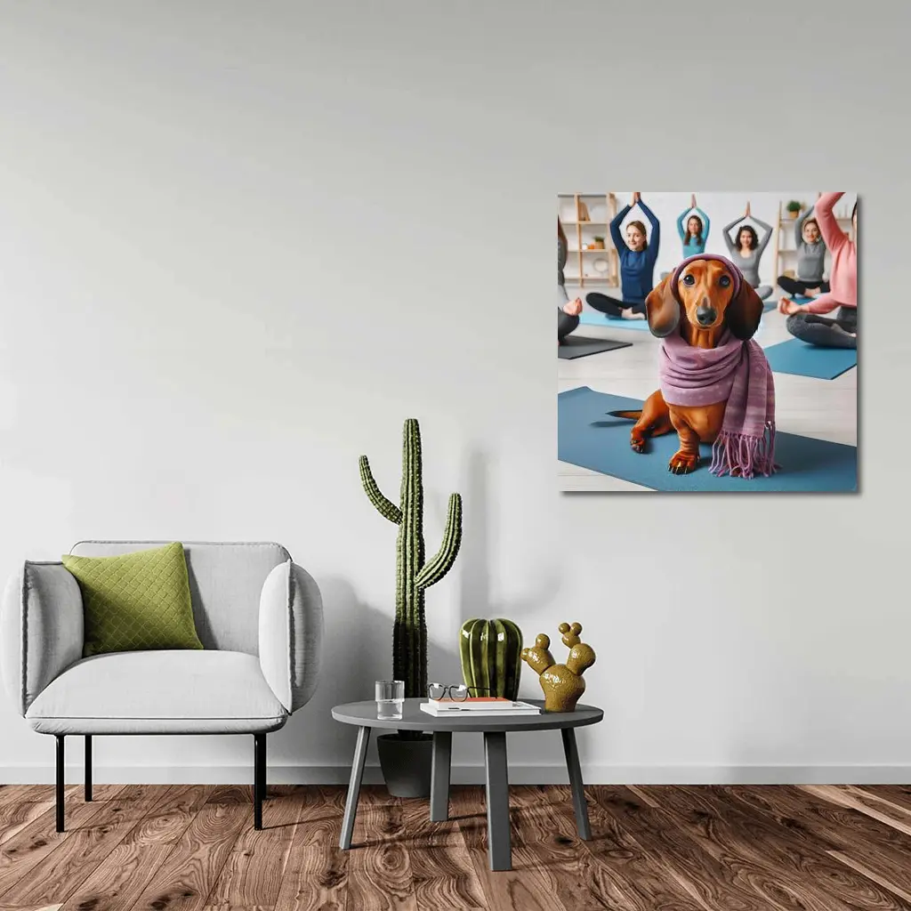 Dachshund Wearing Scarf In Yoga Class – Wall Art