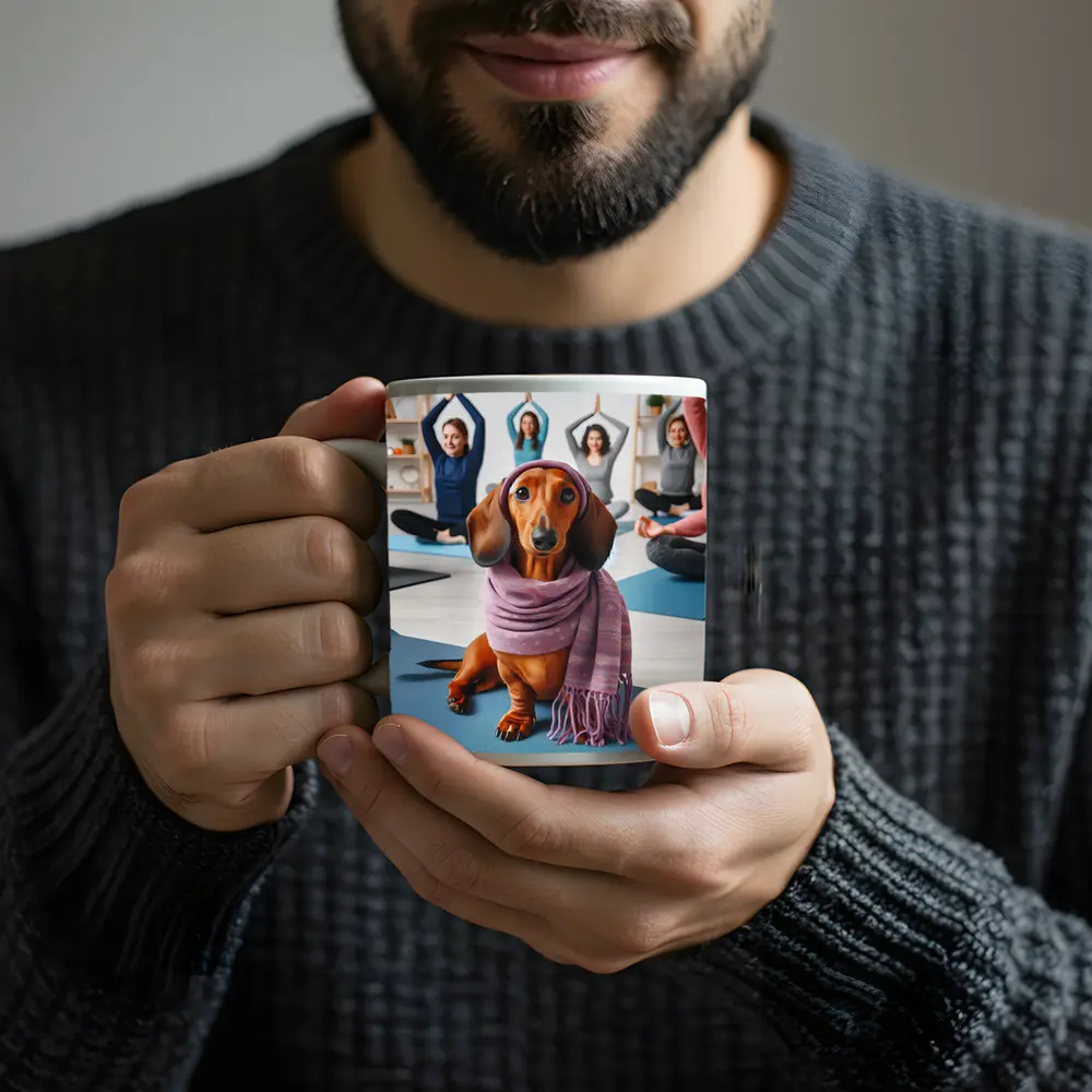Dachshund Wearing Scarf In Yoga Class – Mugs