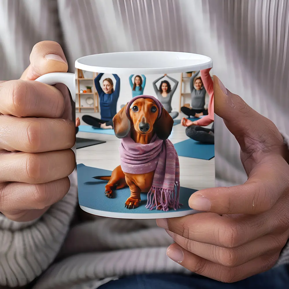Dachshund Wearing Scarf In Yoga Class – Mugs