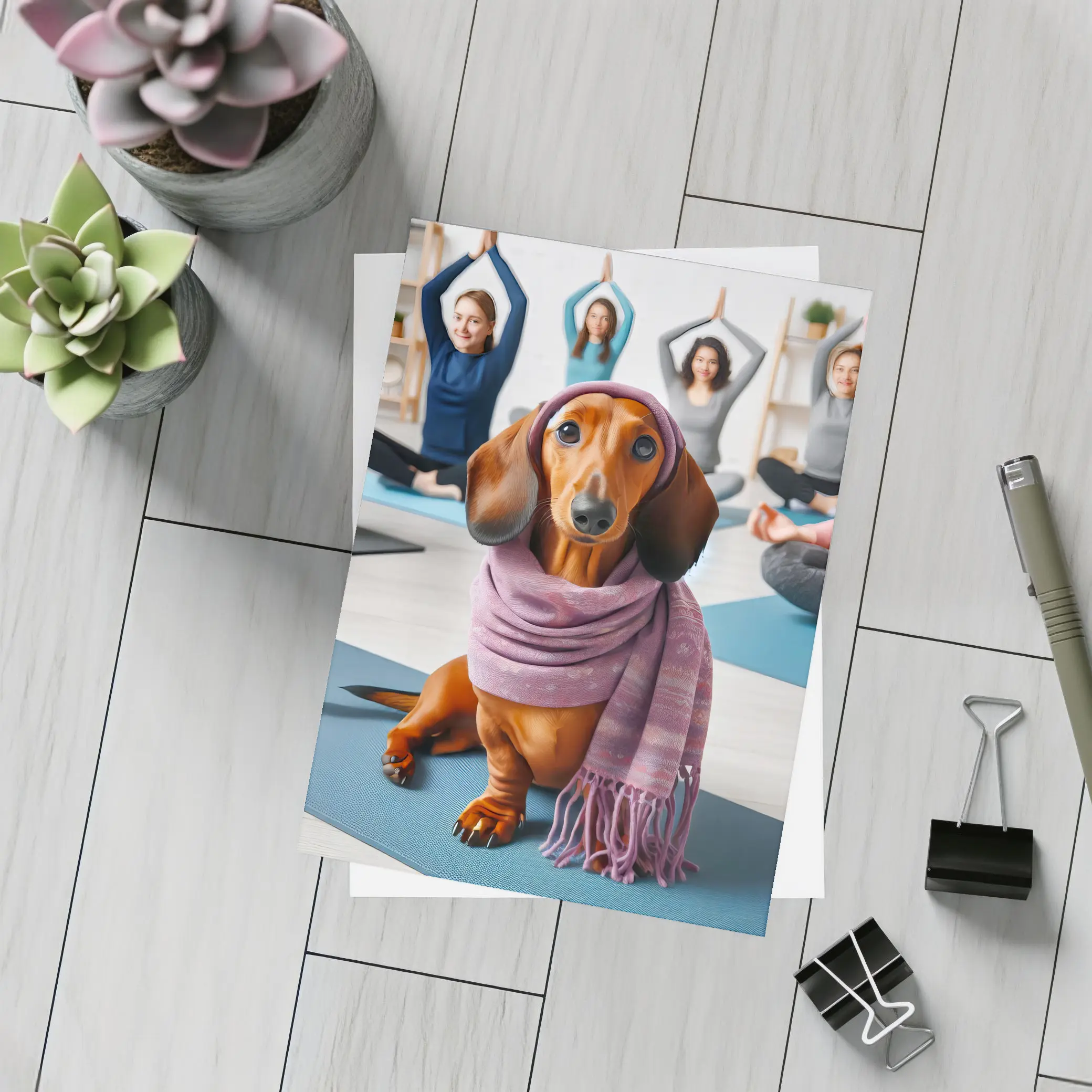 Dachshund Wearing Scarf In Yoga Class – Postcards