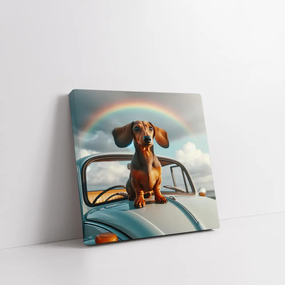 Dachshund Dog on Vintage Car Rainbow Sky – Wall Art
