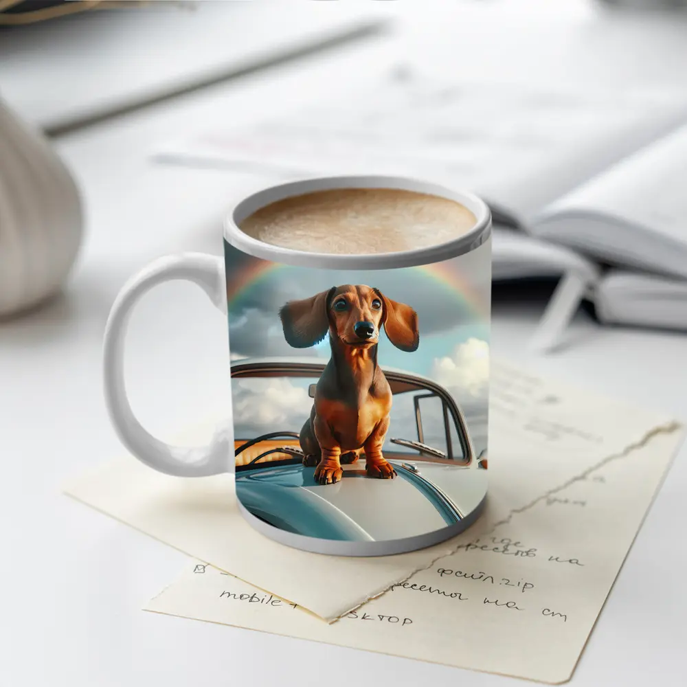 Dachshund Dog on Vintage Car Rainbow Sky – Mugs