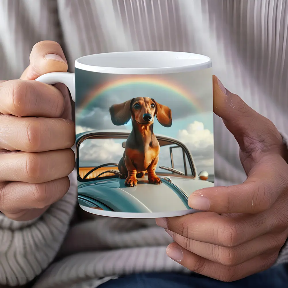 Dachshund Dog on Vintage Car Rainbow Sky – Mugs