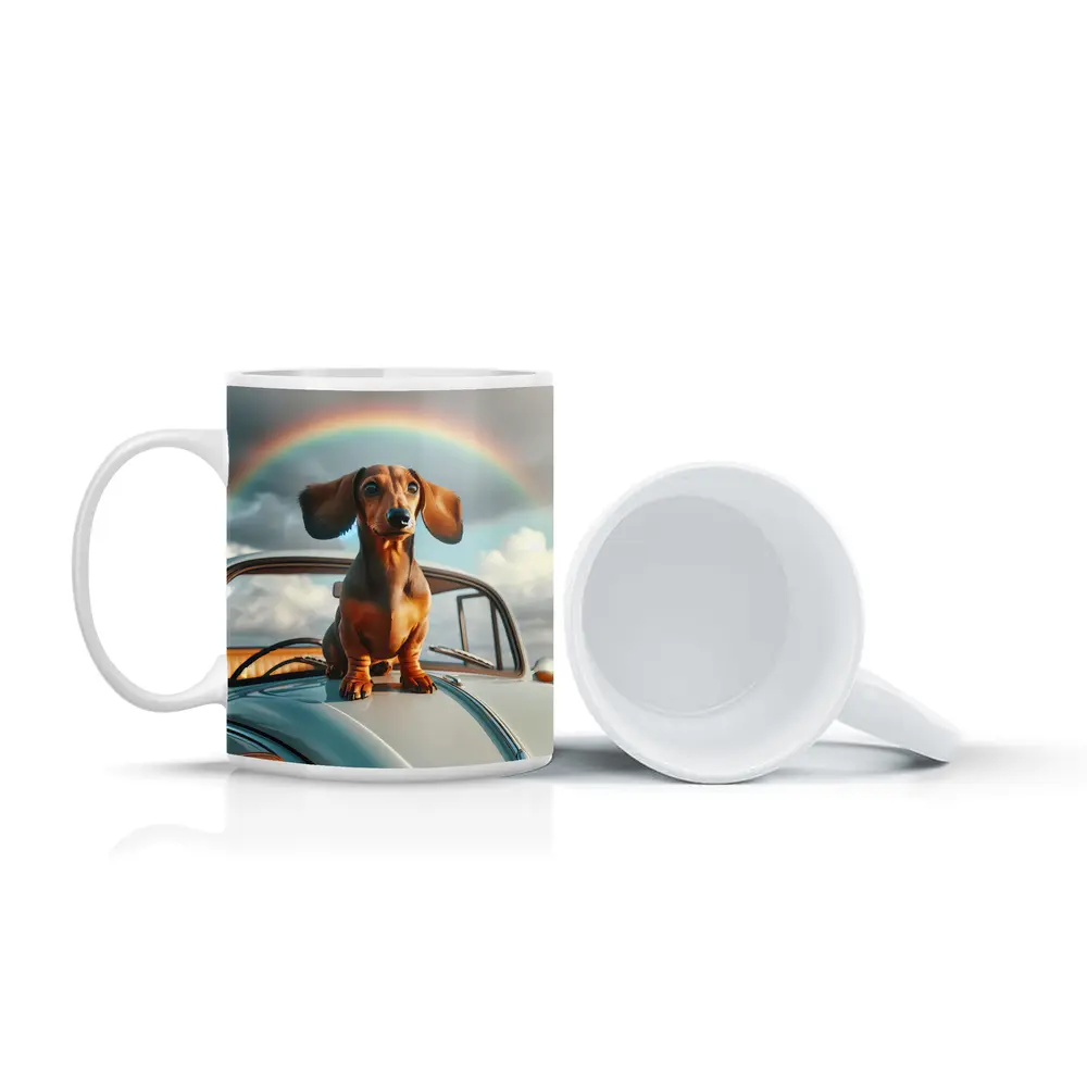 Dachshund Dog on Vintage Car Rainbow Sky – Mugs