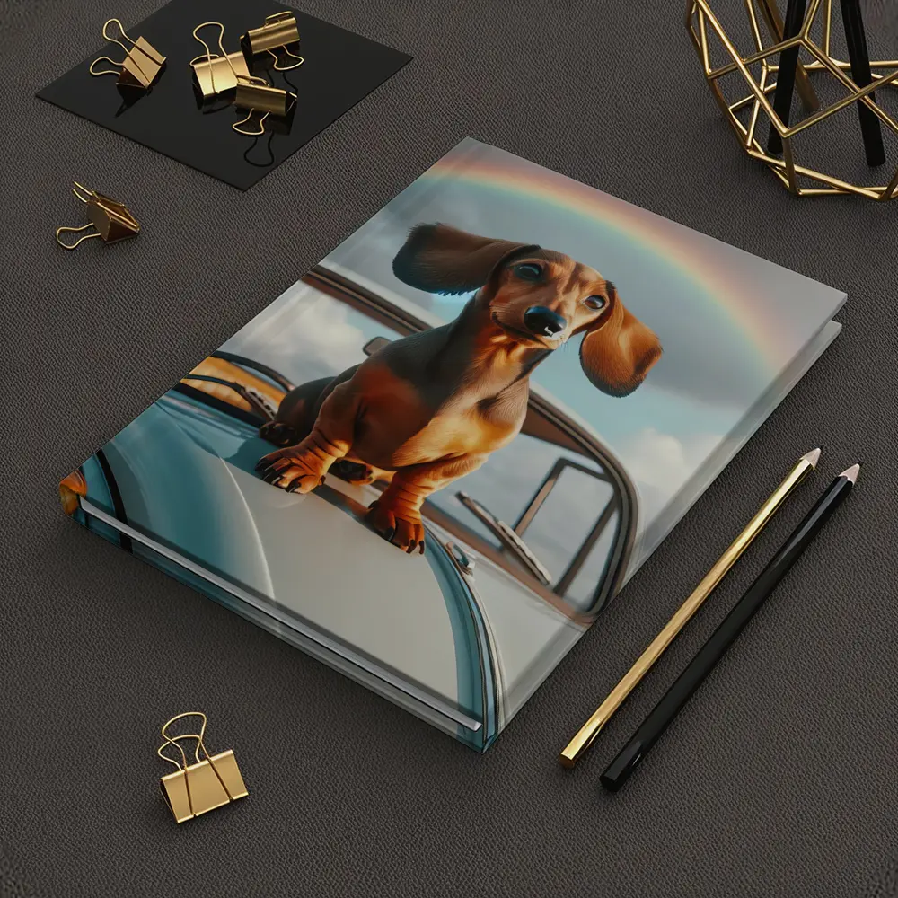 Dachshund Dog on Vintage Car Rainbow Sky – Notebooks