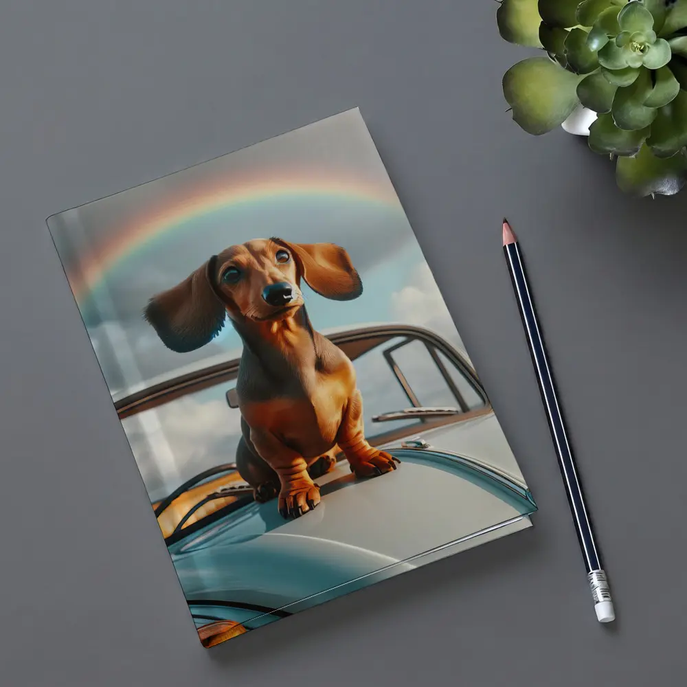 Dachshund Dog on Vintage Car Rainbow Sky – Notebooks