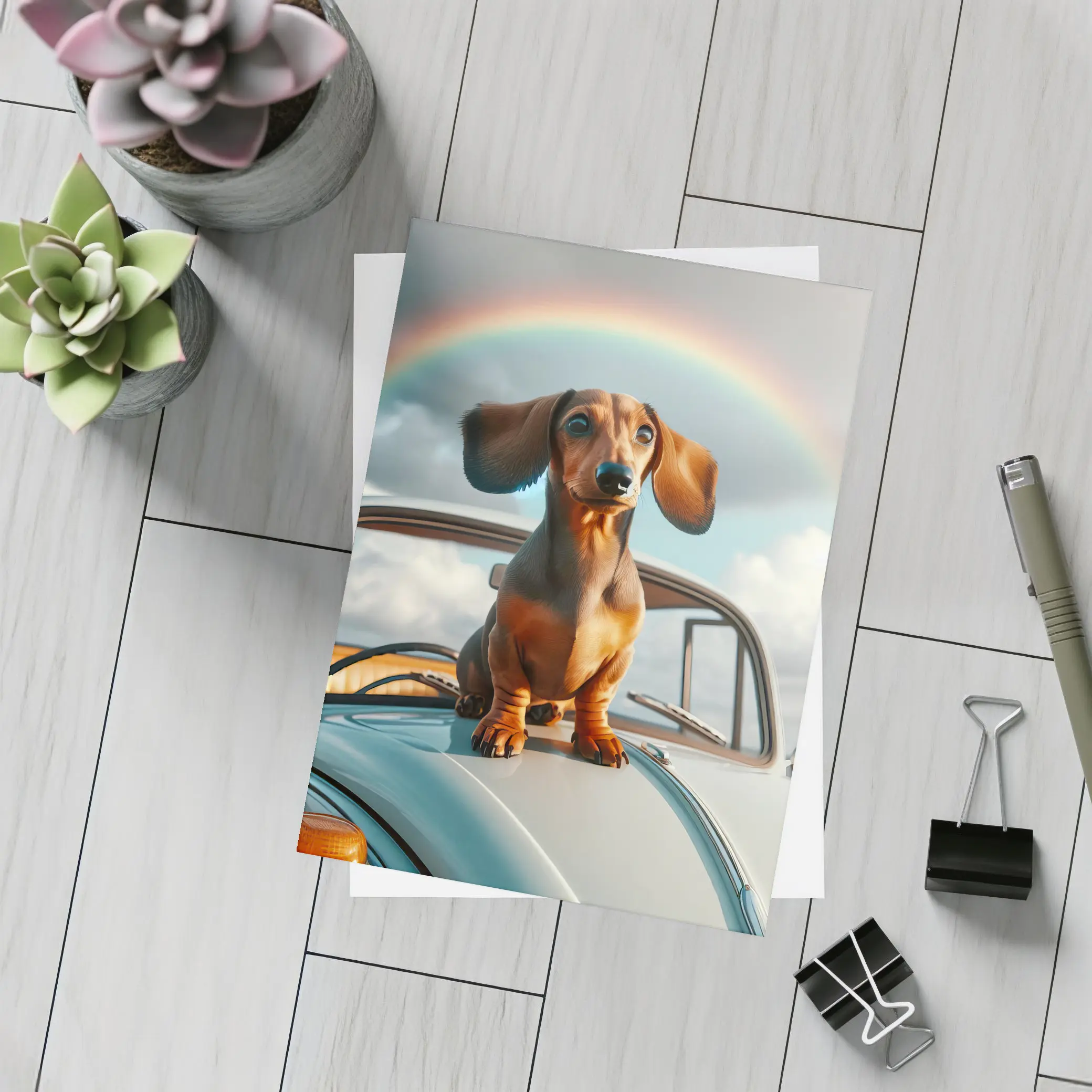Dachshund Dog on Vintage Car Rainbow Sky – Postcards