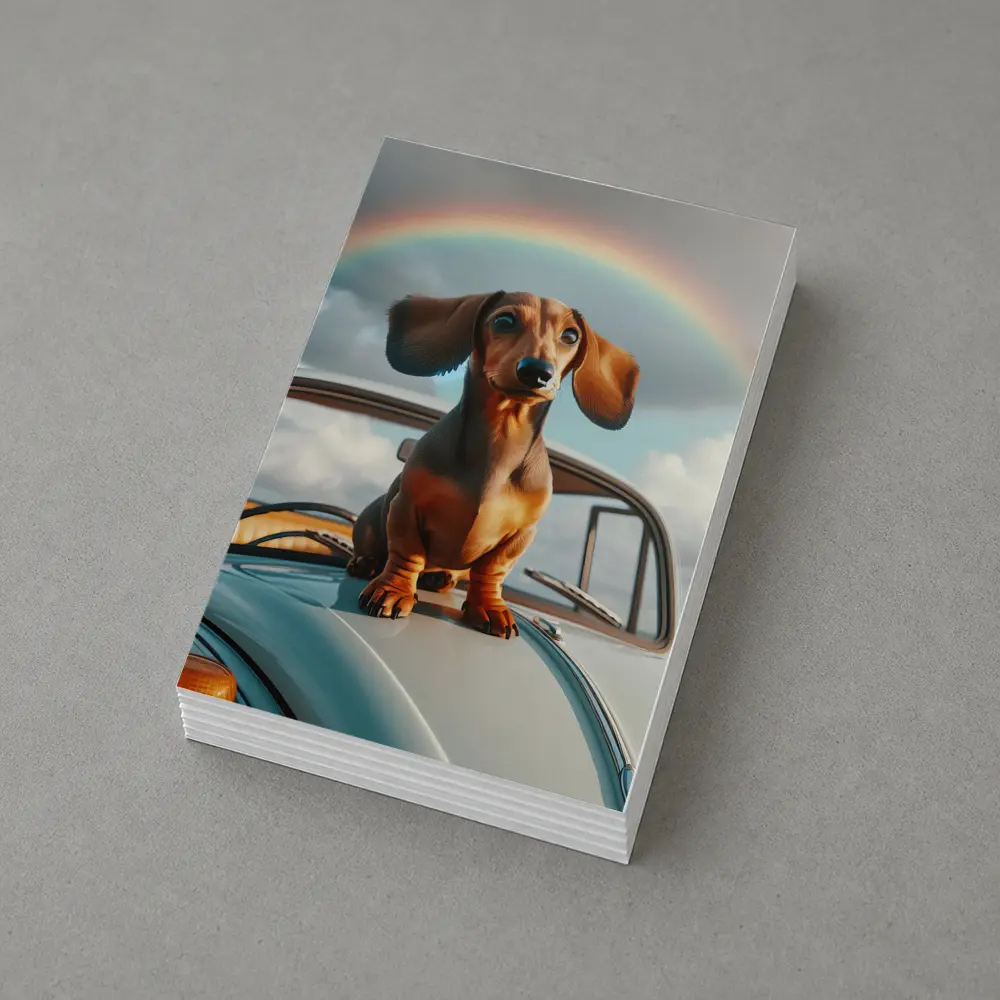 Dachshund Dog on Vintage Car Rainbow Sky – Postcards