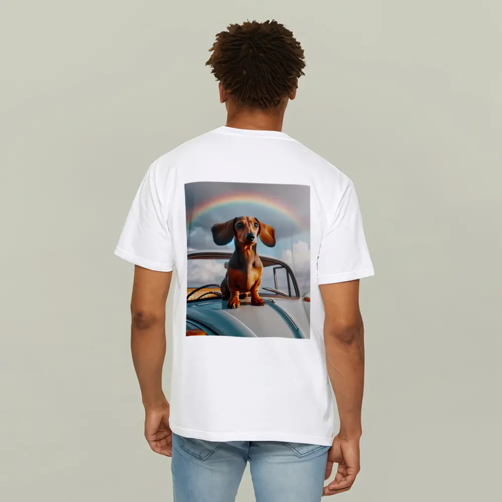 Dachshund Dog on Vintage Car Rainbow Sky – T-Shirts