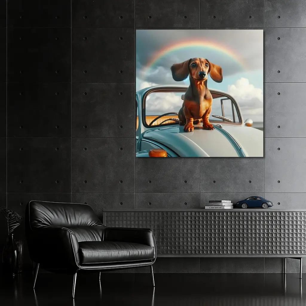 Dachshund Dog on Vintage Car Rainbow Sky – Wall Art