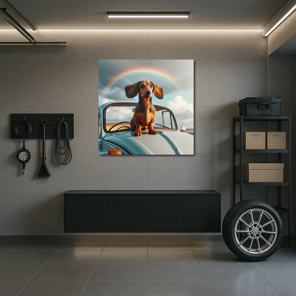 Dachshund Dog on Vintage Car Rainbow Sky – Wall Art