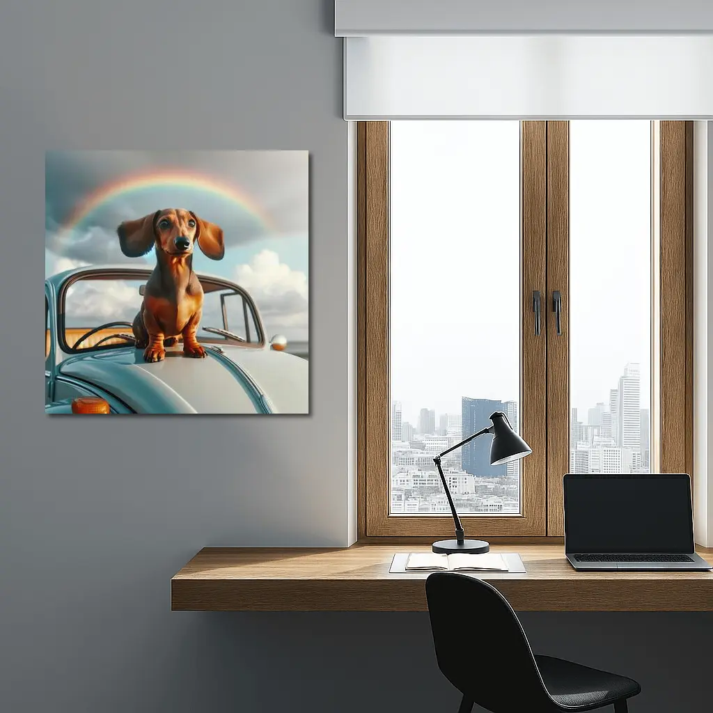 Dachshund Dog on Vintage Car Rainbow Sky – Wall Art