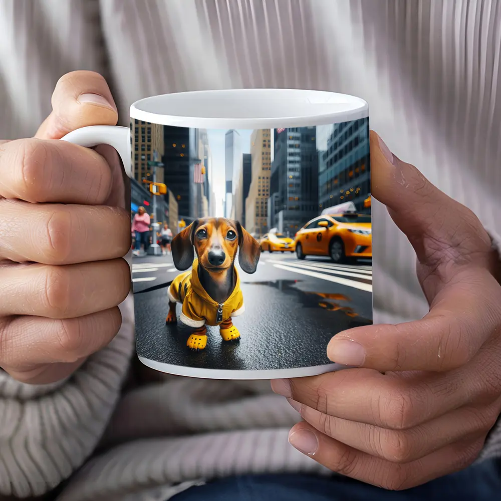 Dachshund Dog Yellow Outfit New York City – Mugs