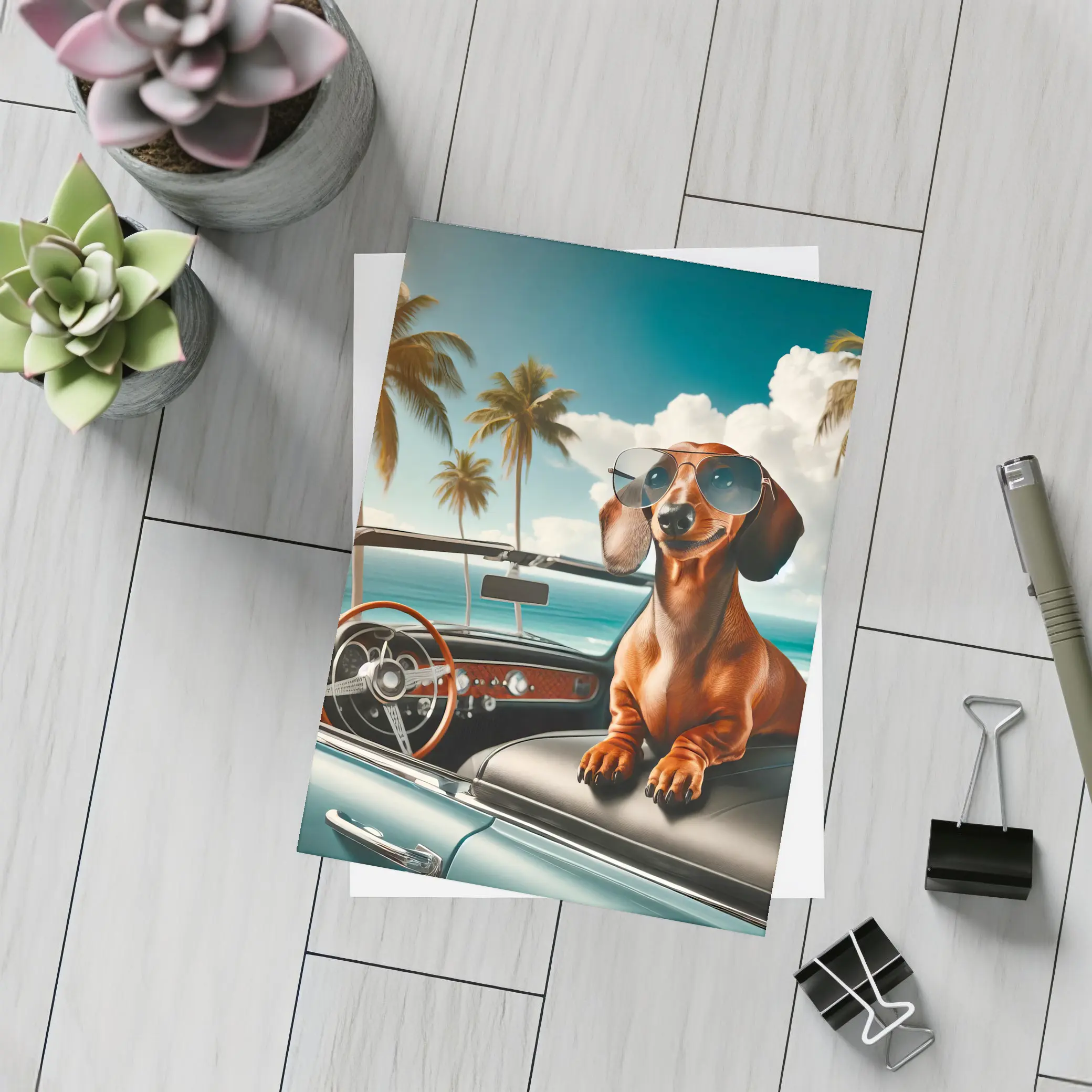 Dachshund Dog Sunglasses Retro Convertible Beach – Postcards