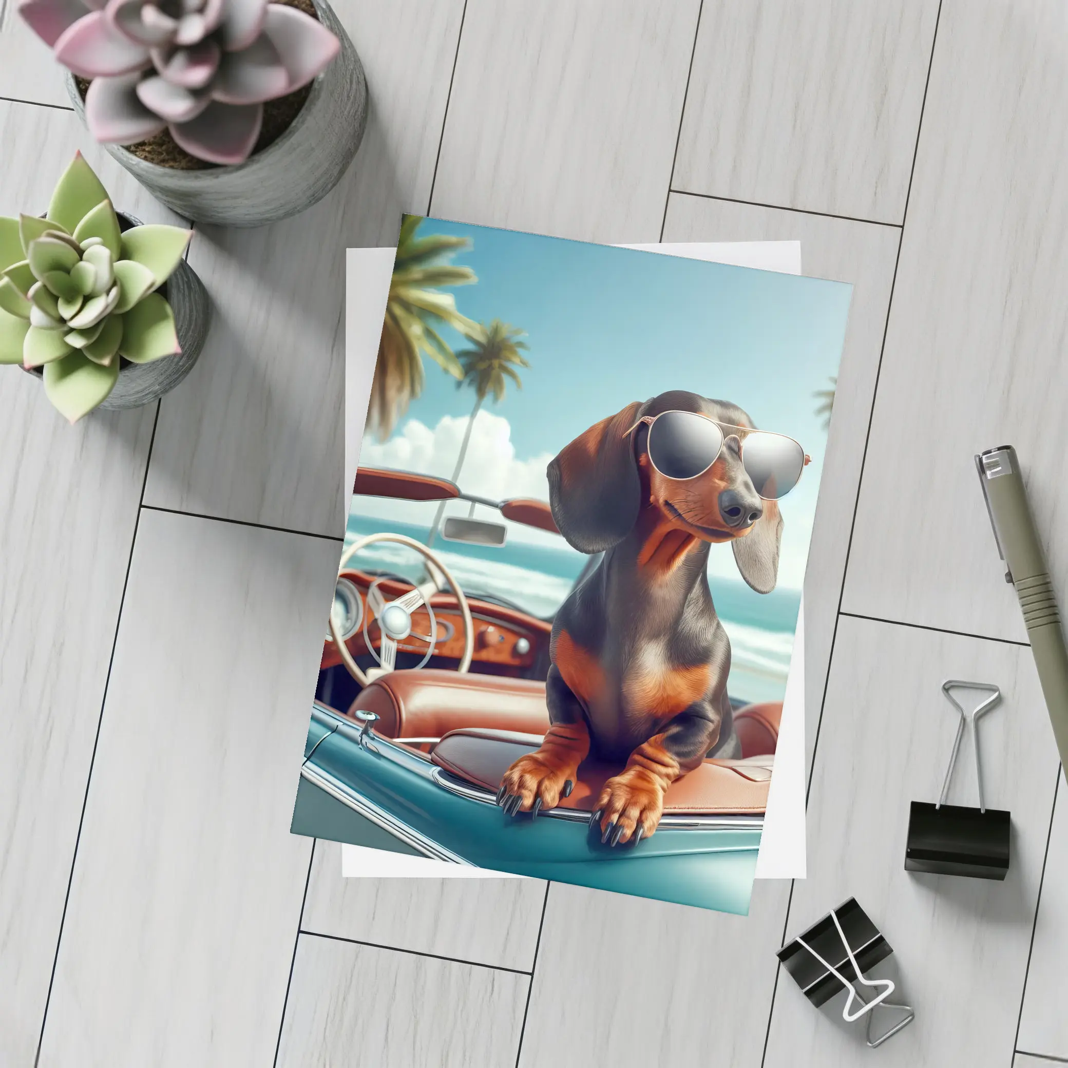Dachshund Dog Sunglasses Vintage Convertible Beach – Postcards