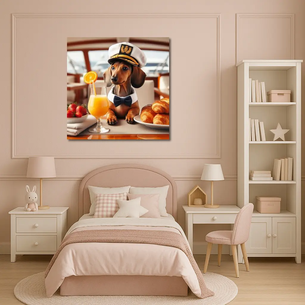 Dachshund Captain Hat Yacht Breakfast Scene – Wall Art