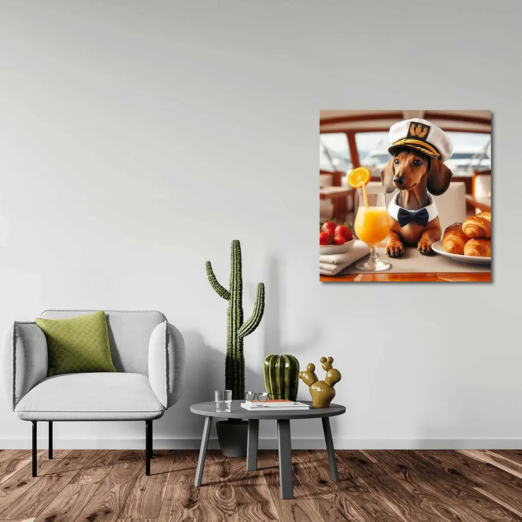 Dachshund Captain Hat Yacht Breakfast Scene – Wall Art