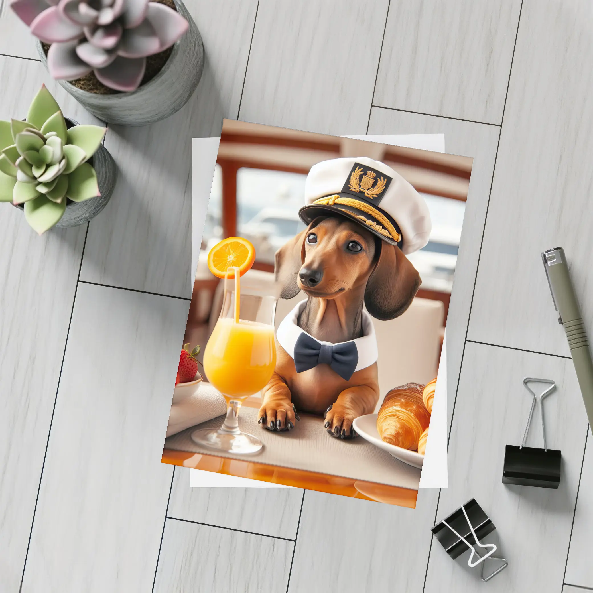 Dachshund Captain Hat Yacht Breakfast Scene – Postcards