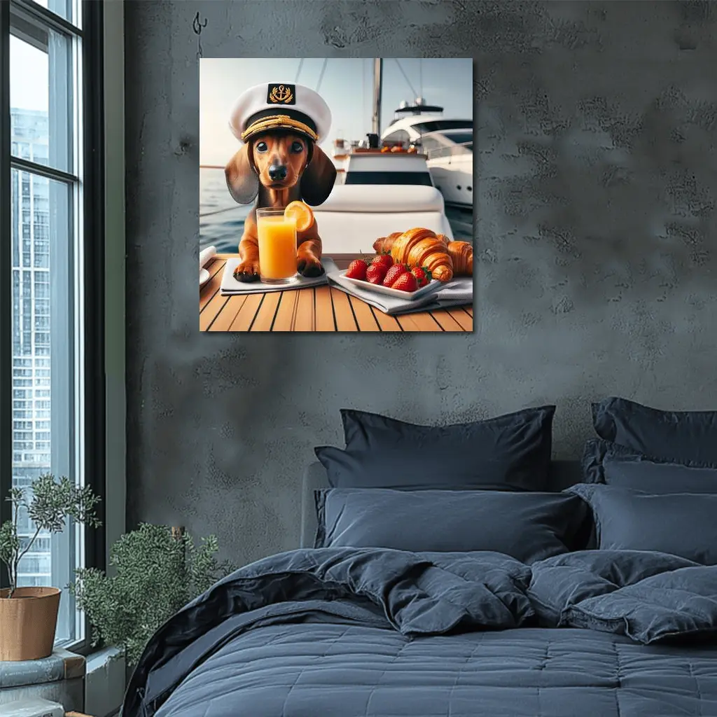 Dachshund Captain Hat Yacht Breakfast Scene – Wall Art