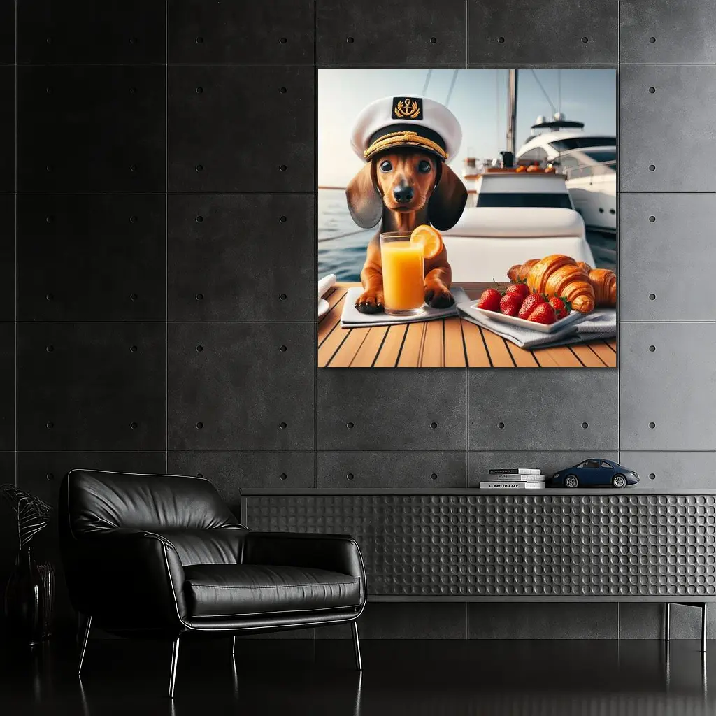 Dachshund Captain Hat Yacht Breakfast Scene – Wall Art