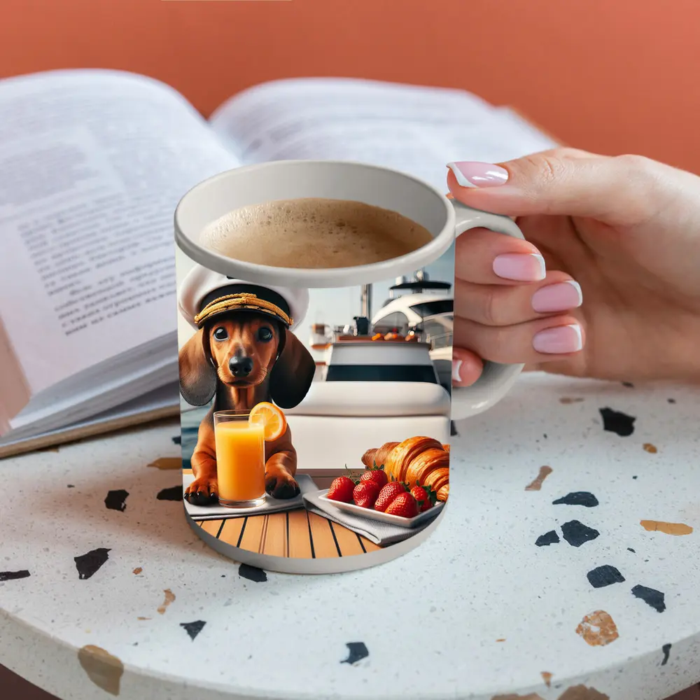 Dachshund Captain Hat Yacht Breakfast Scene – Mugs